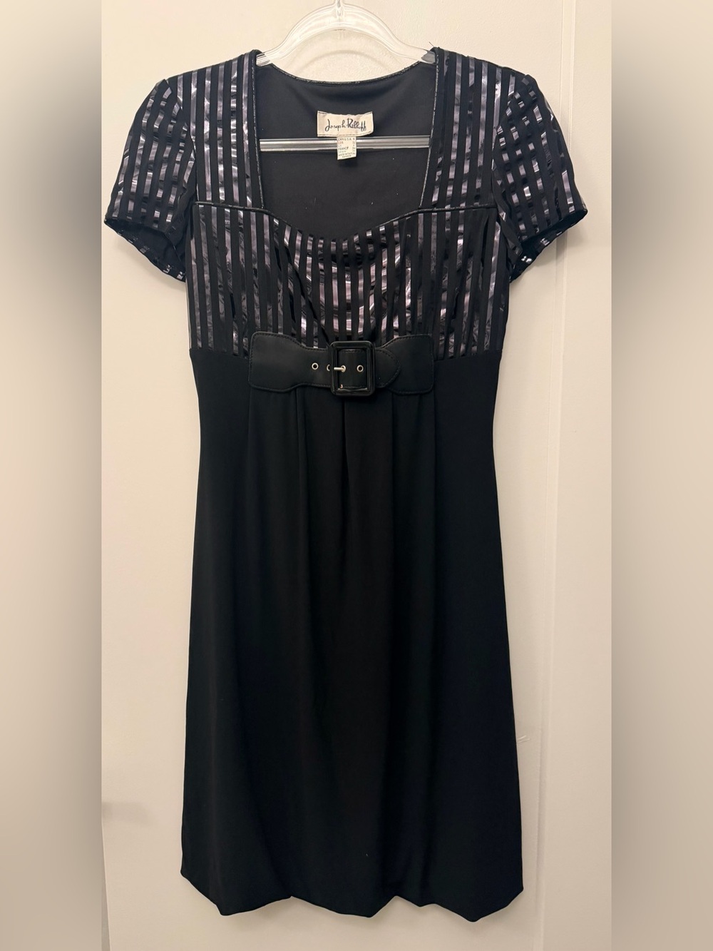NWOT Joseph Ribkoff Black Cocktail Dress Striped Bodice Bubble Hem Sz 4 / XS